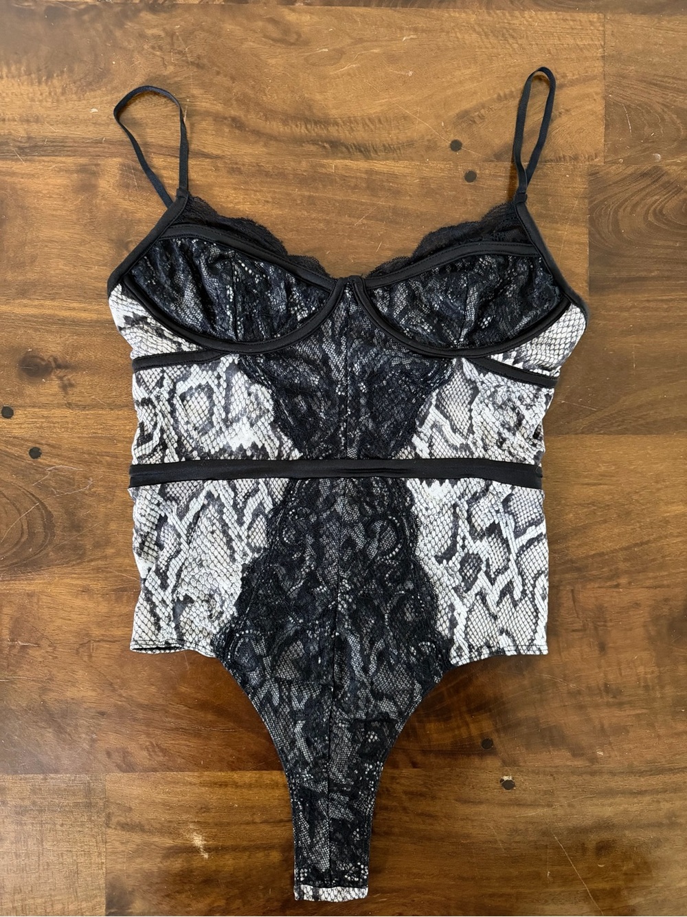 AFRM Black and White Snakeskin Lace Bodysuit Chemise